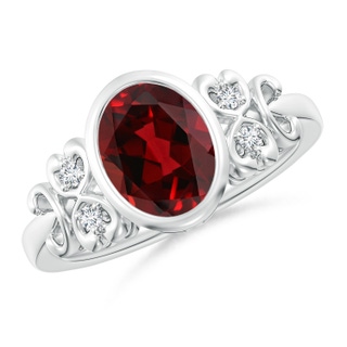 9x7mm AAAA Vintage Style Bezel-Set Oval Garnet Ring with Diamonds in White Gold