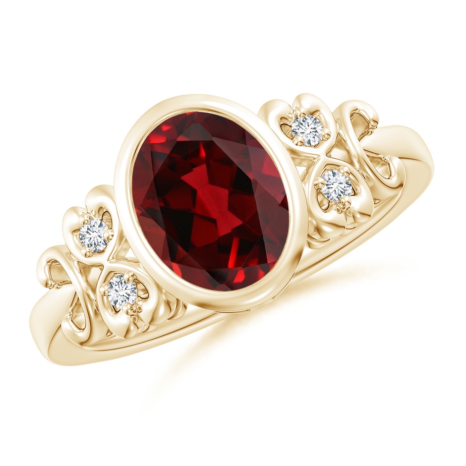 9x7mm AAAA Vintage Style Bezel-Set Oval Garnet Ring with Diamonds in Yellow Gold 