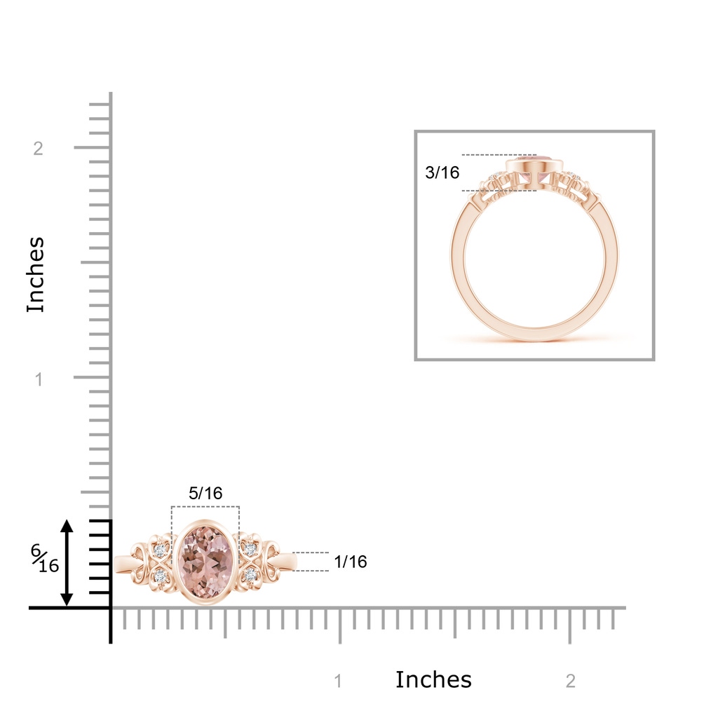 8x6mm AAAA Vintage Style Bezel-Set Oval Morganite Ring with Diamonds in Rose Gold Ruler