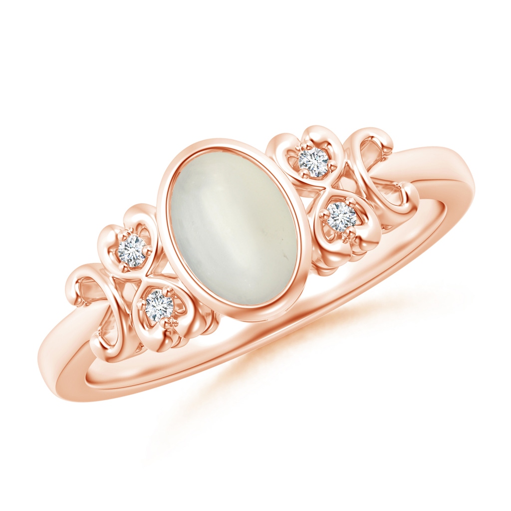 7x5mm AAA Vintage Style Bezel-Set Oval Moonstone Ring with Diamonds in Rose Gold