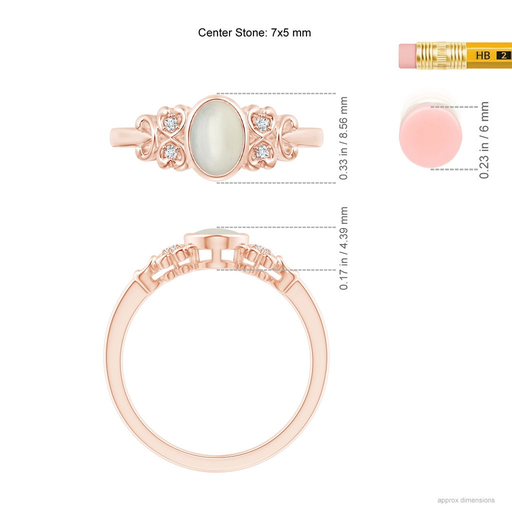 7x5mm AAA Vintage Style Bezel-Set Oval Moonstone Ring with Diamonds in Rose Gold Ruler