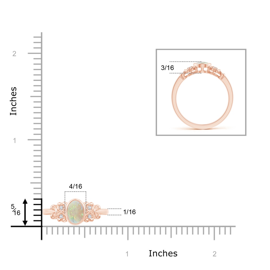 7x5mm AAA Vintage Style Bezel-Set Oval Opal Ring with Diamonds in Rose Gold ruler