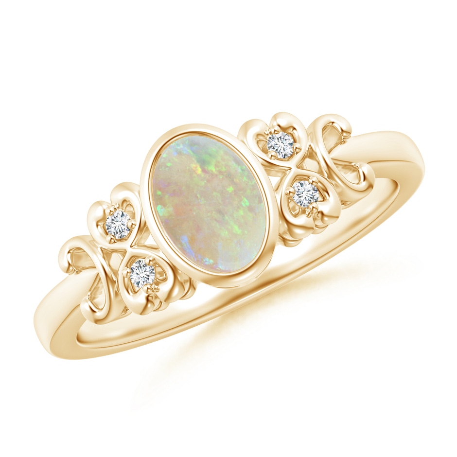 7x5mm AAA Vintage Style Bezel-Set Oval Opal Ring with Diamonds in Yellow Gold 