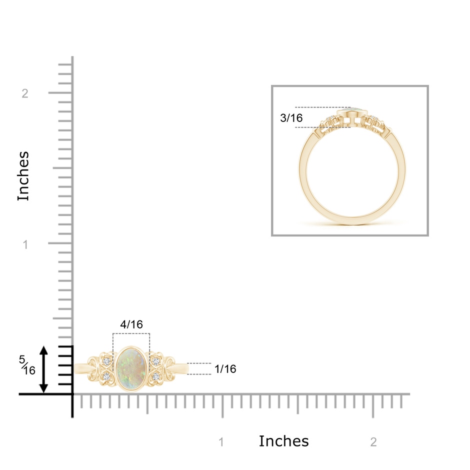 7x5mm AAA Vintage Style Bezel-Set Oval Opal Ring with Diamonds in Yellow Gold ruler