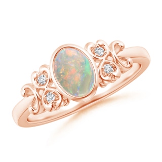 7x5mm AAAA Vintage Style Bezel-Set Oval Opal Ring with Diamonds in Rose Gold