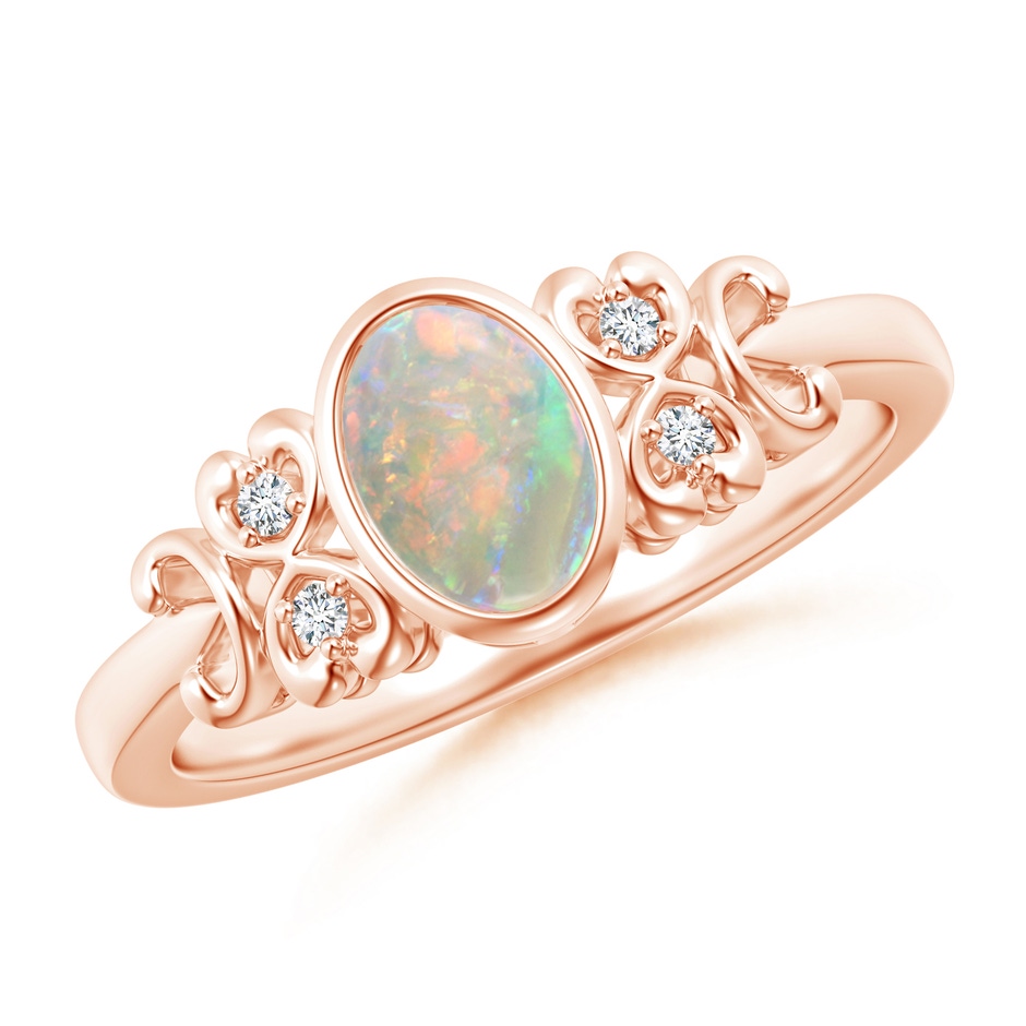 7x5mm AAAA Vintage Style Bezel-Set Oval Opal Ring with Diamonds in Rose Gold 