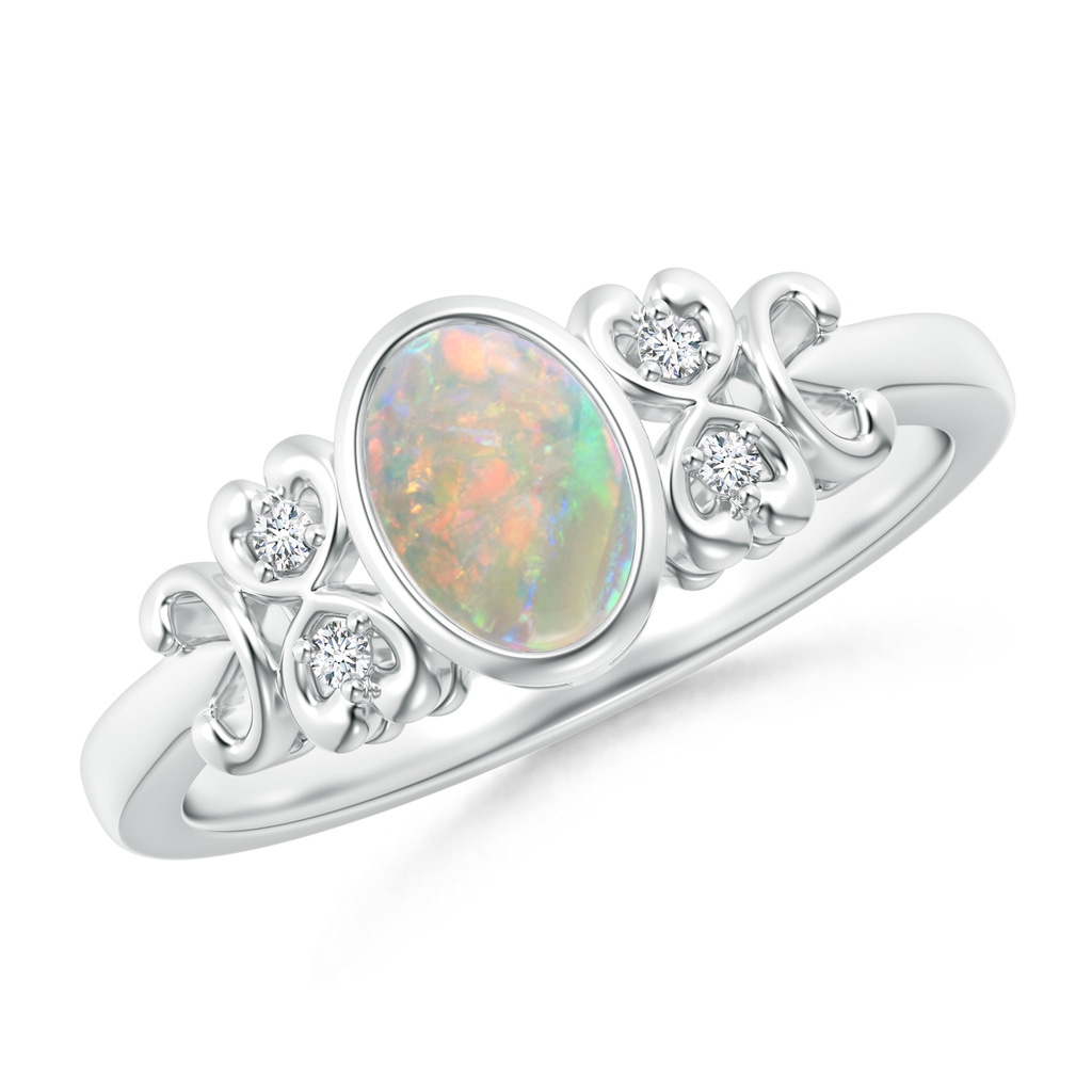 7x5mm AAAA Vintage Style Bezel-Set Oval Opal Ring with Diamonds in White Gold