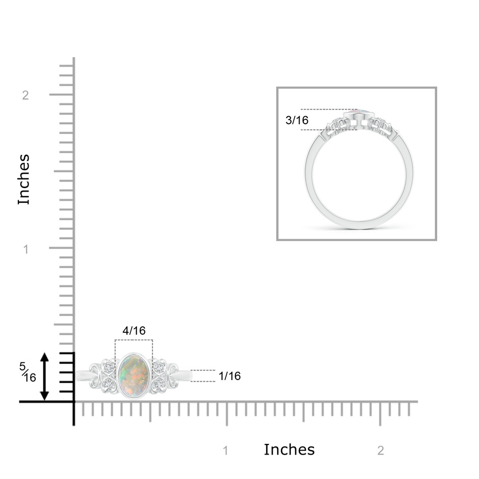 7x5mm AAAA Vintage Style Bezel-Set Oval Opal Ring with Diamonds in White Gold ruler