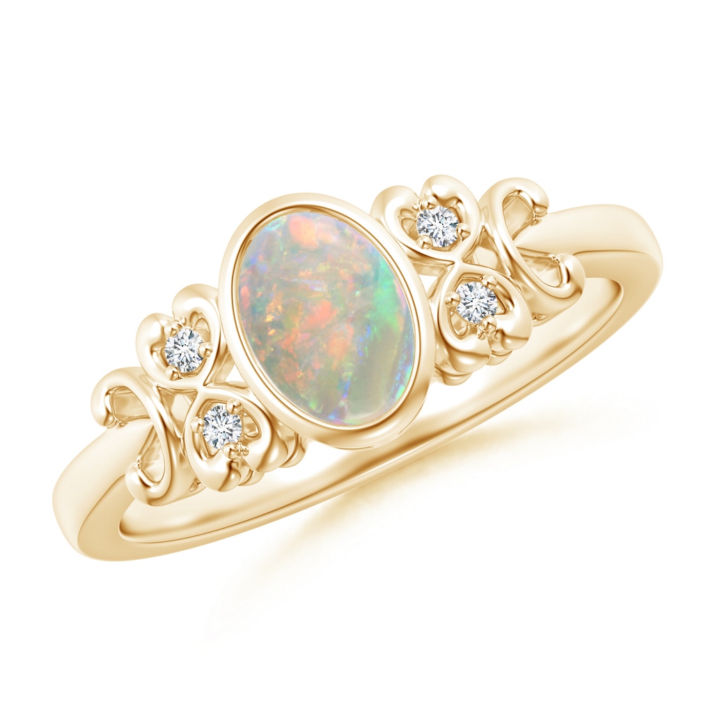 7x5mm AAAA Vintage Style Bezel-Set Oval Opal Ring with Diamonds in Yellow Gold