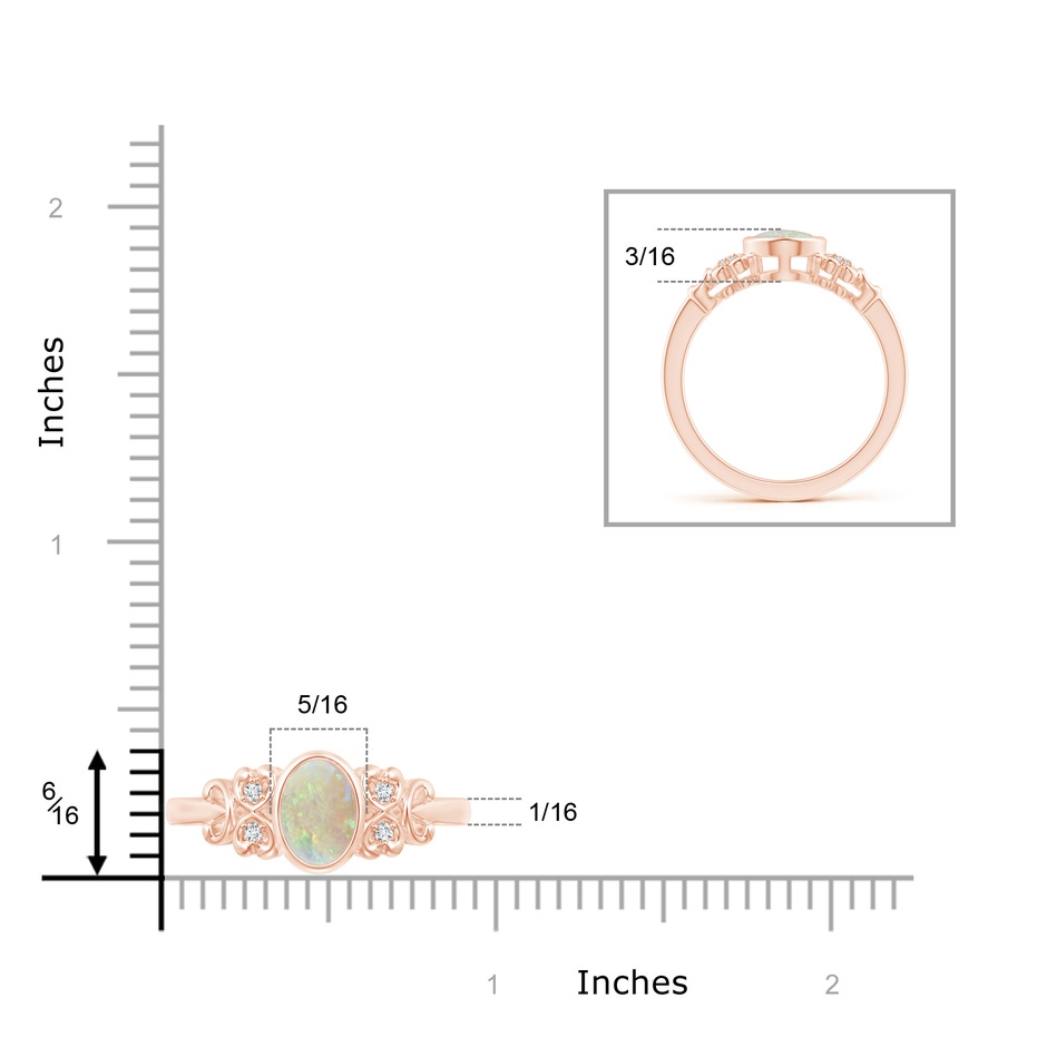 8x6mm AAA Vintage Style Bezel-Set Oval Opal Ring with Diamonds in Rose Gold ruler