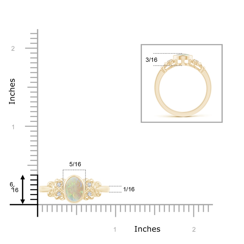 8x6mm AAA Vintage Style Bezel-Set Oval Opal Ring with Diamonds in Yellow Gold ruler