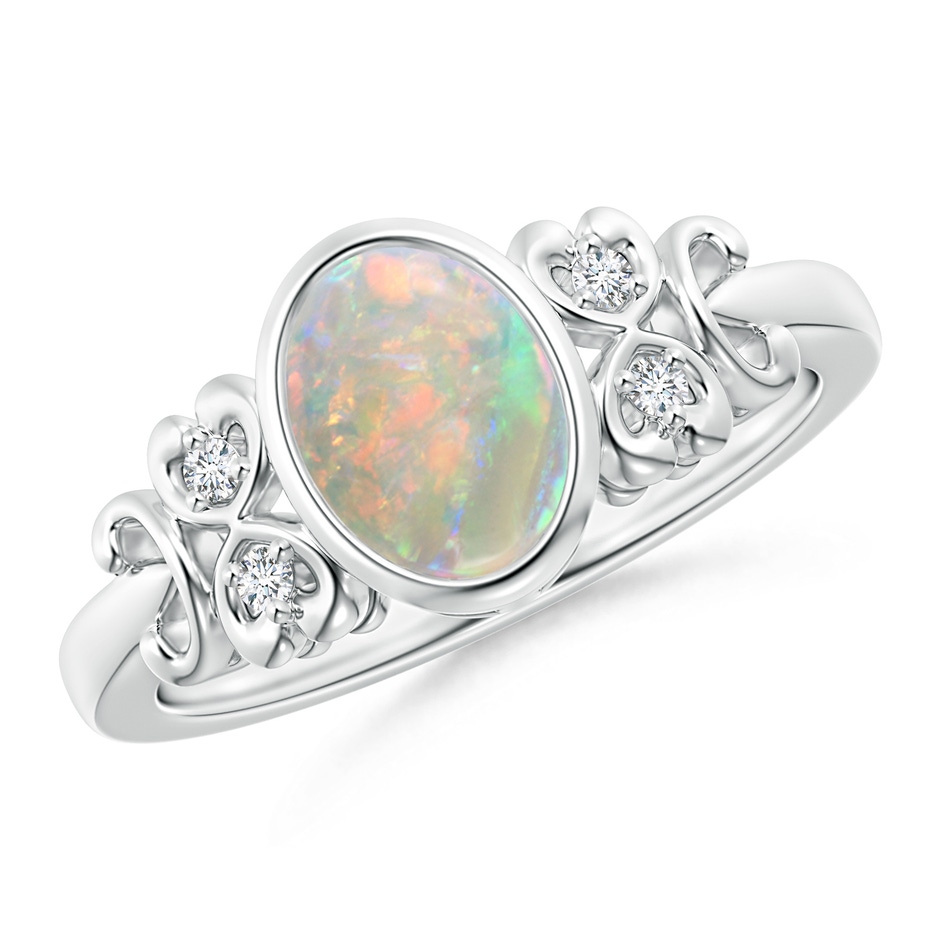 8x6mm AAAA Vintage Style Bezel-Set Oval Opal Ring with Diamonds in White Gold 