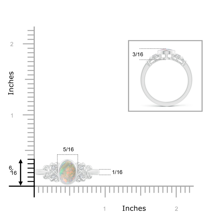 8x6mm AAAA Vintage Style Bezel-Set Oval Opal Ring with Diamonds in White Gold ruler