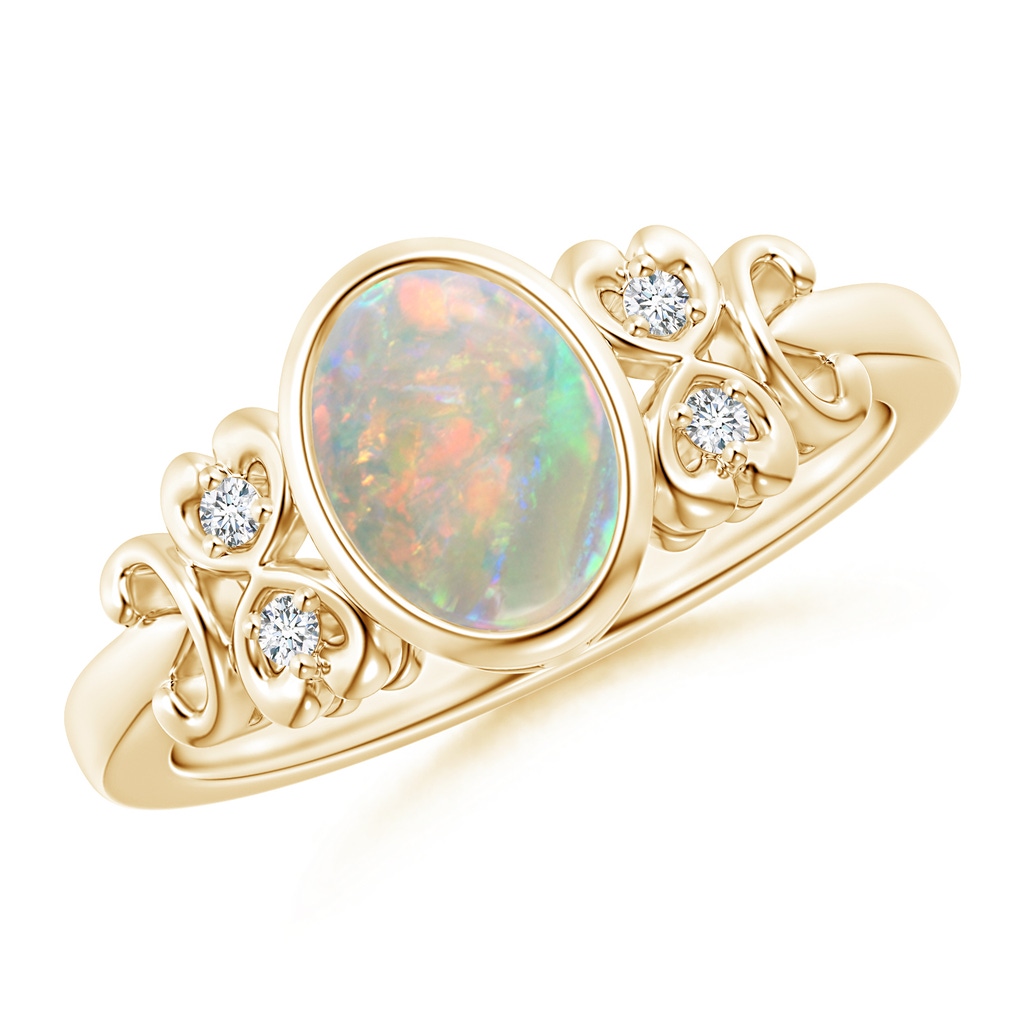 8x6mm AAAA Vintage Style Bezel-Set Oval Opal Ring with Diamonds in Yellow Gold