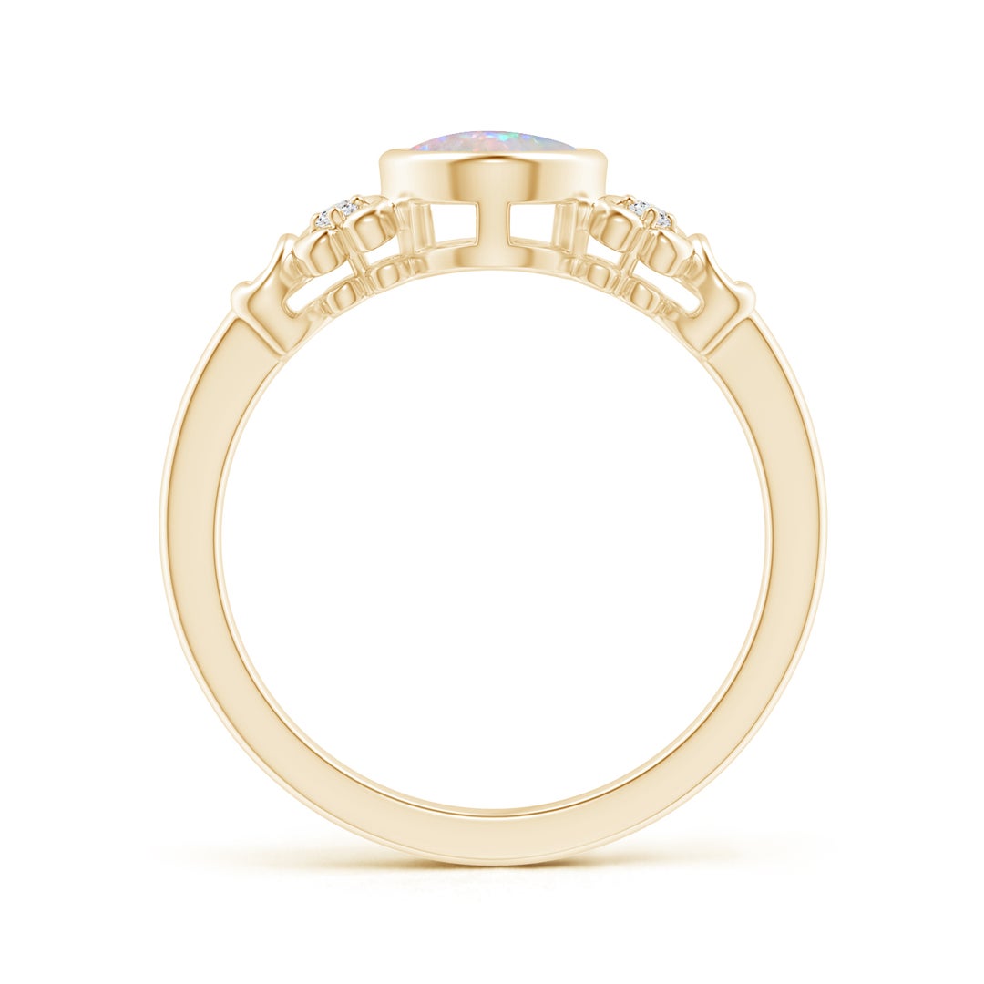 8x6mm AAAA Vintage Style Bezel-Set Oval Opal Ring with Diamonds in Yellow Gold - side 1