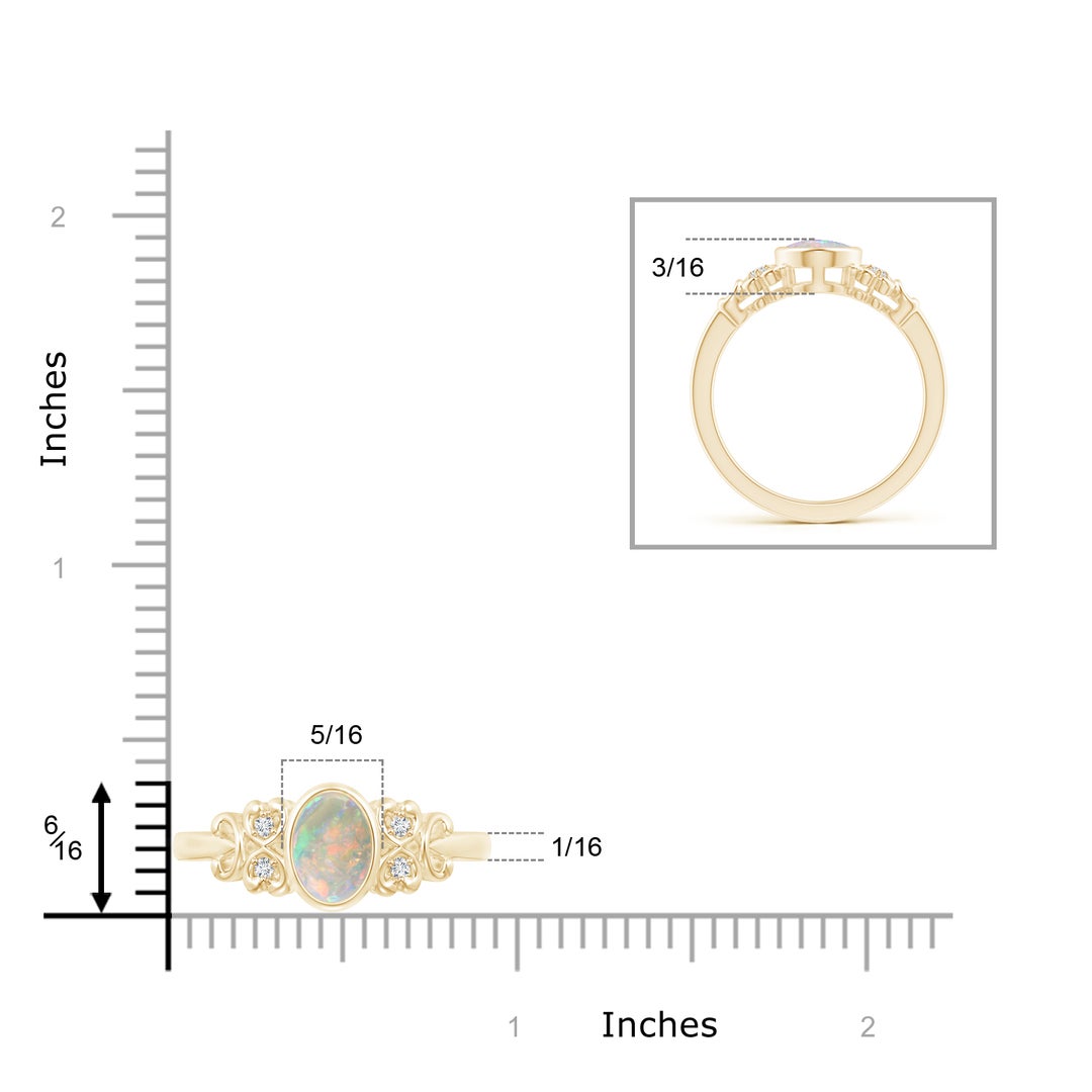 8x6mm AAAA Vintage Style Bezel-Set Oval Opal Ring with Diamonds in Yellow Gold - ruler