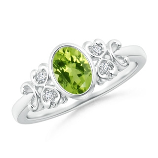 7x5mm AAA Vintage Style Bezel-Set Oval Peridot Ring with Diamonds in White Gold