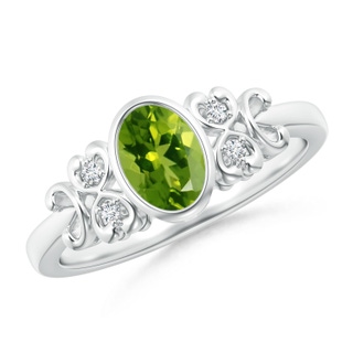 7x5mm AAAA Vintage Style Bezel-Set Oval Peridot Ring with Diamonds in White Gold
