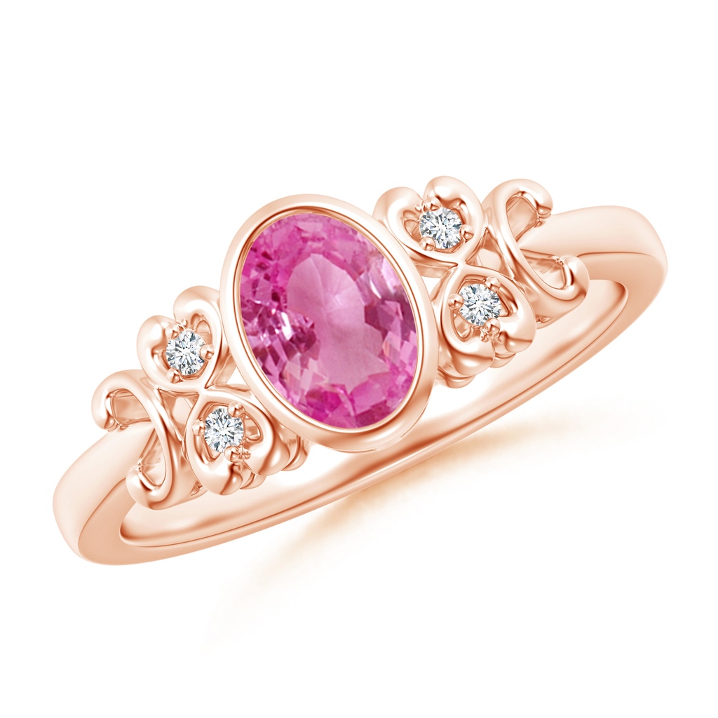 7x5mm AAA Vintage Style Bezel-Set Oval Pink Sapphire Ring with Diamonds in Rose Gold 