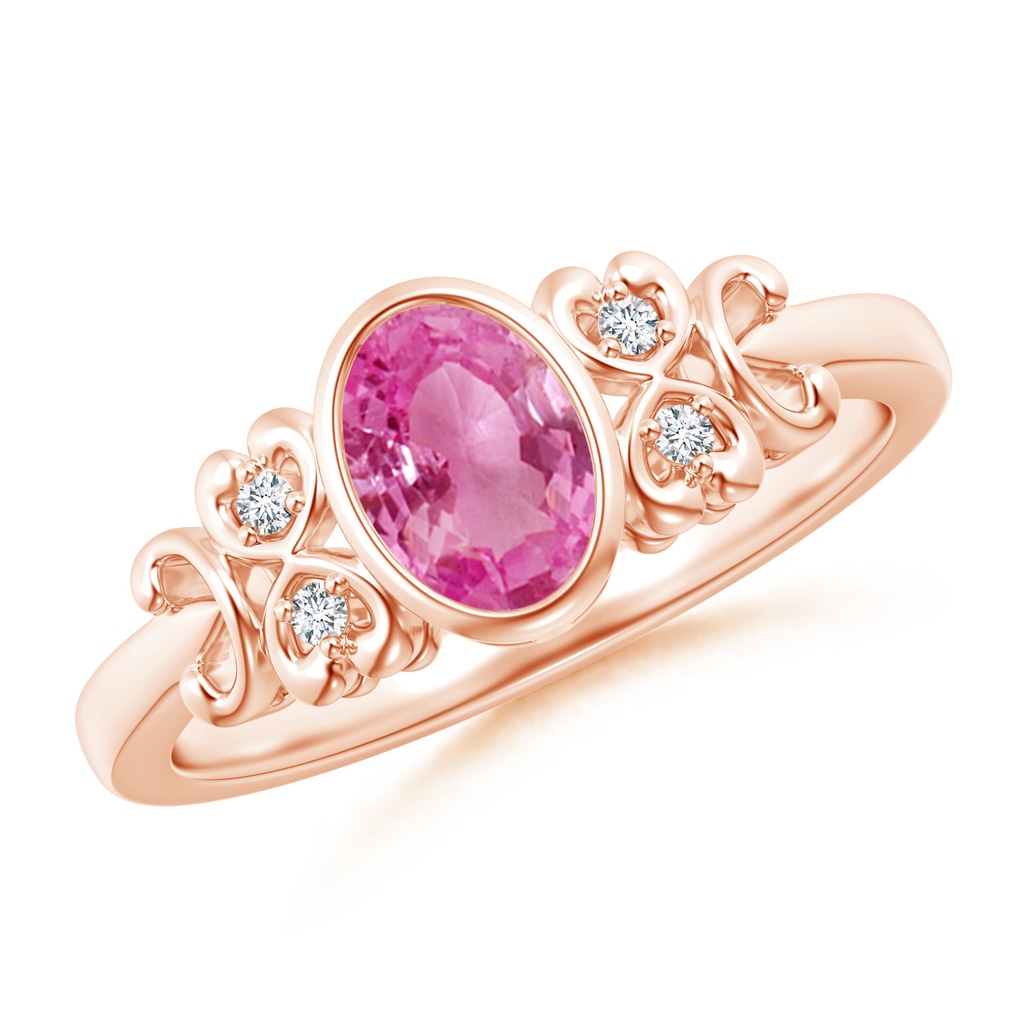 7x5mm AAA Vintage Style Bezel-Set Oval Pink Sapphire Ring with Diamonds in Rose Gold