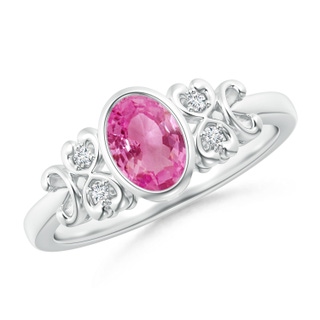 7x5mm AAA Vintage Style Bezel-Set Oval Pink Sapphire Ring with Diamonds in White Gold