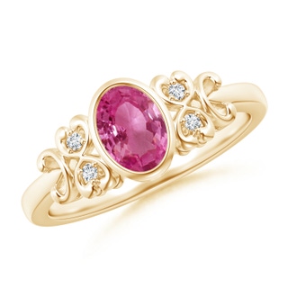 7x5mm AAAA Vintage Style Bezel-Set Oval Pink Sapphire Ring with Diamonds in Yellow Gold