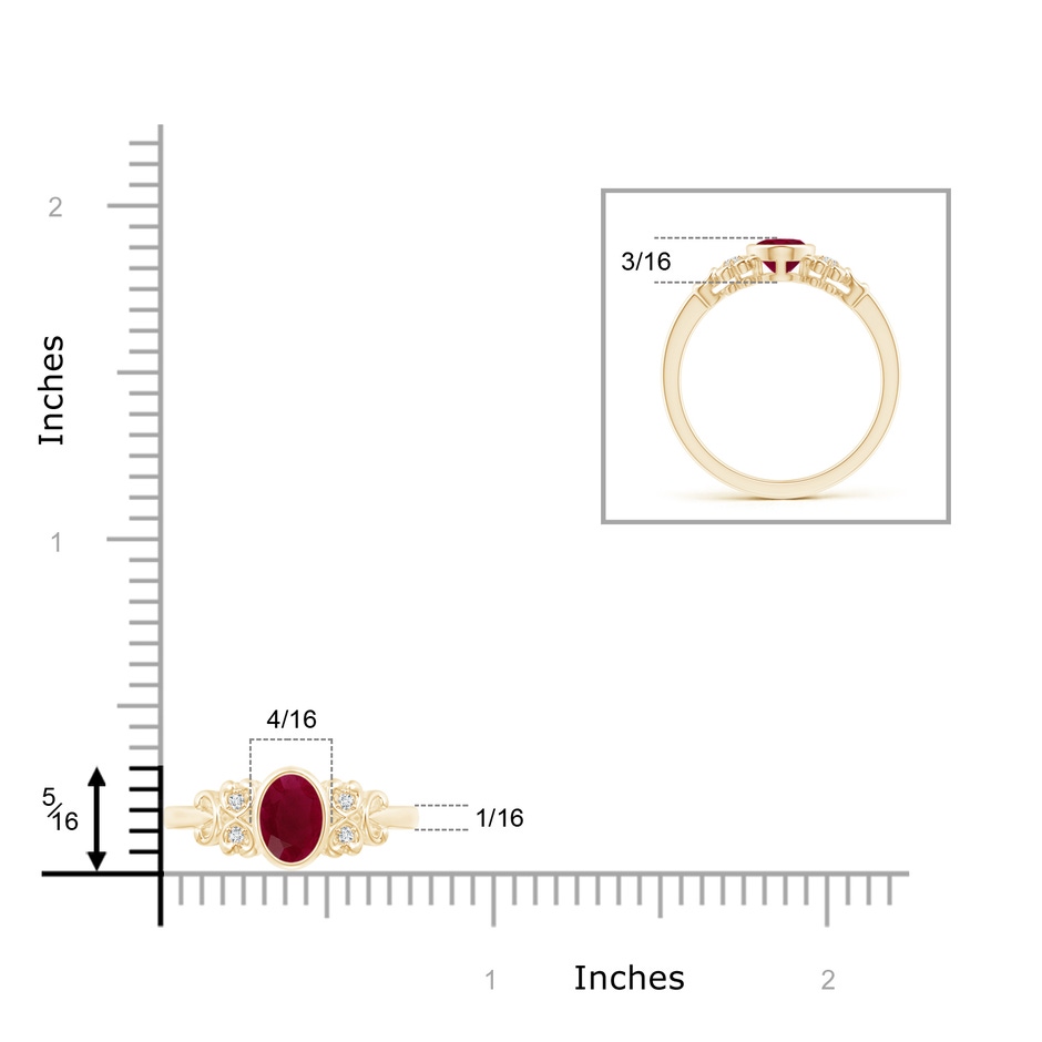 7x5mm A Vintage Style Bezel-Set Oval Ruby Ring with Diamonds in Yellow Gold ruler