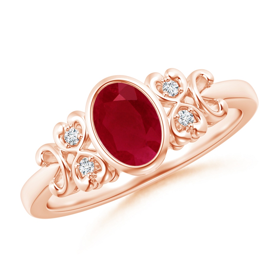 7x5mm AA Vintage Style Bezel-Set Oval Ruby Ring with Diamonds in Rose Gold 