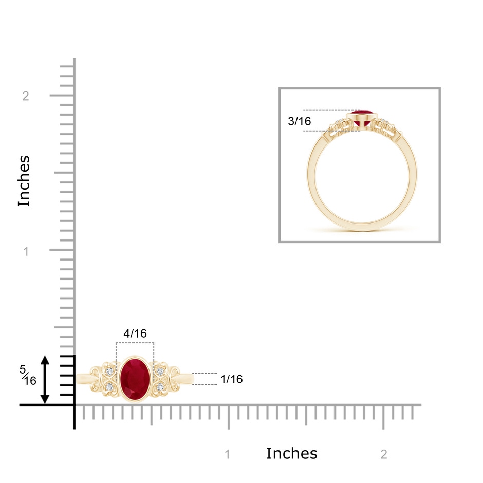 7x5mm AA Vintage Style Bezel-Set Oval Ruby Ring with Diamonds in Yellow Gold ruler