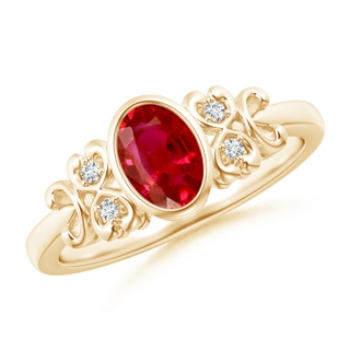 7x5mm AAA Vintage Style Bezel-Set Oval Ruby Ring with Diamonds in 9K Yellow Gold