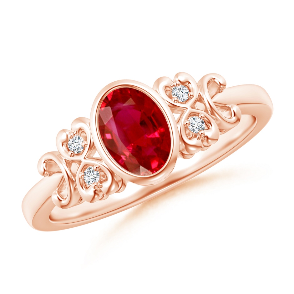 7x5mm AAA Vintage Style Bezel-Set Oval Ruby Ring with Diamonds in Rose Gold 