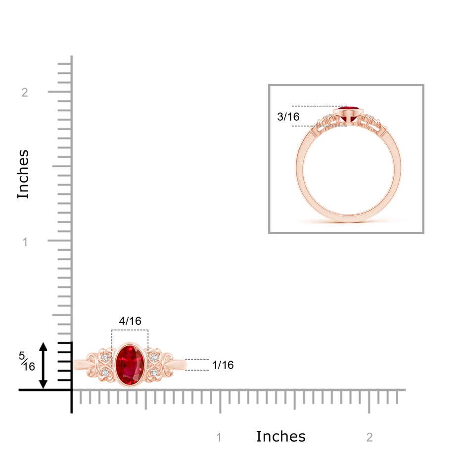 7x5mm AAA Vintage Style Bezel-Set Oval Ruby Ring with Diamonds in Rose Gold ruler