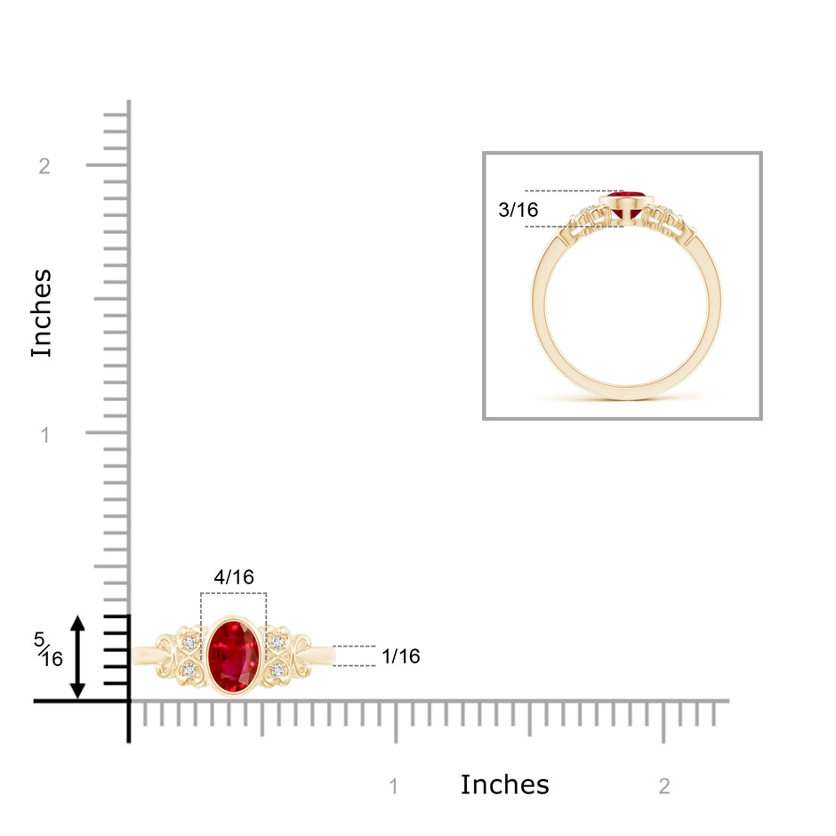 7x5mm AAA Vintage Style Bezel-Set Oval Ruby Ring with Diamonds in Yellow Gold ruler