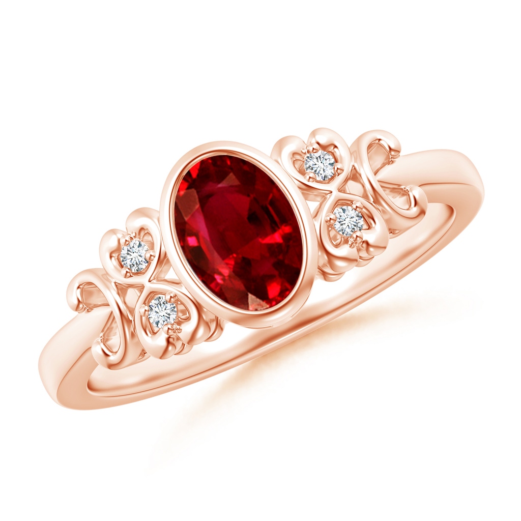7x5mm AAAA Vintage Style Bezel-Set Oval Ruby Ring with Diamonds in Rose Gold