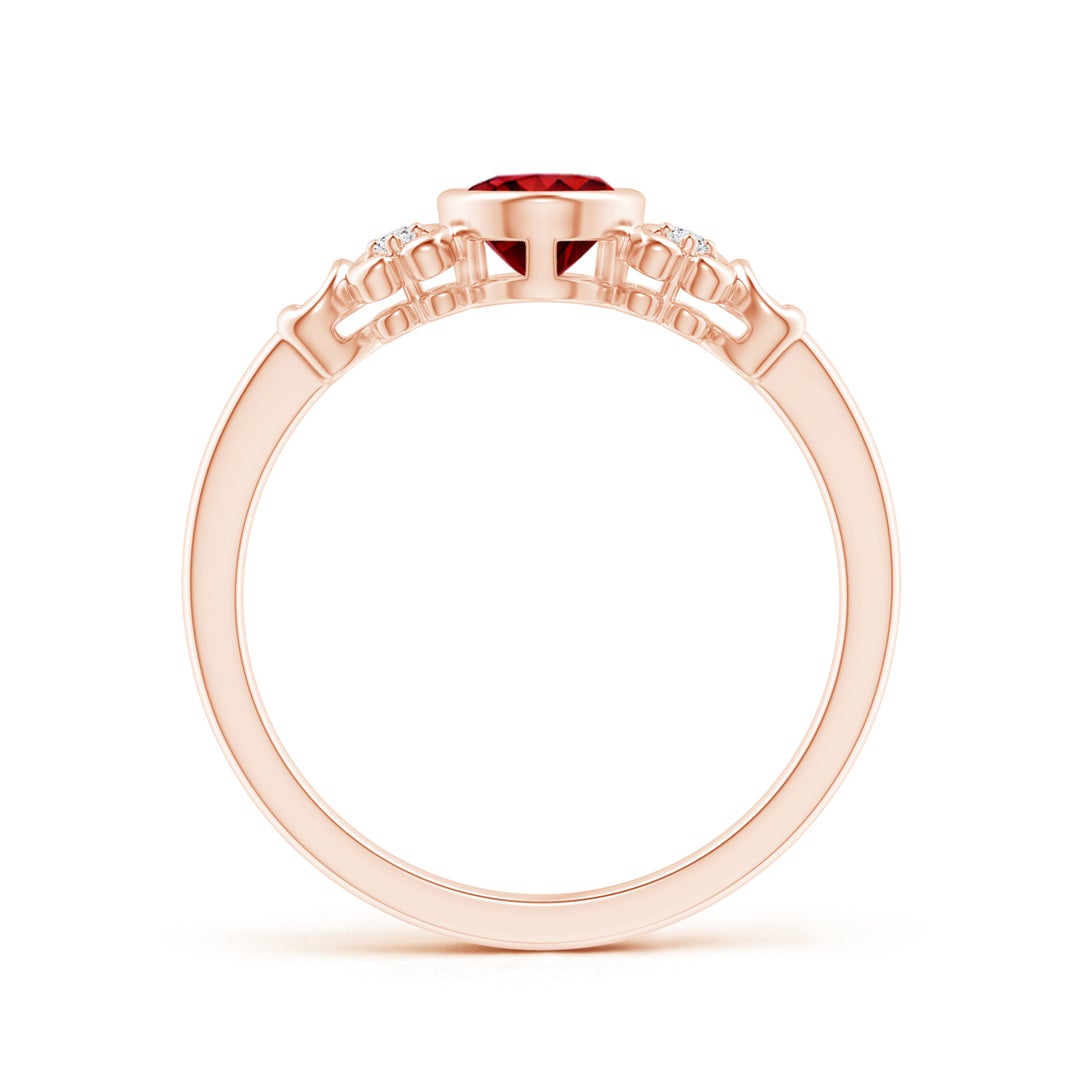 7x5mm AAAA Vintage Style Bezel-Set Oval Ruby Ring with Diamonds in Rose Gold - side 1