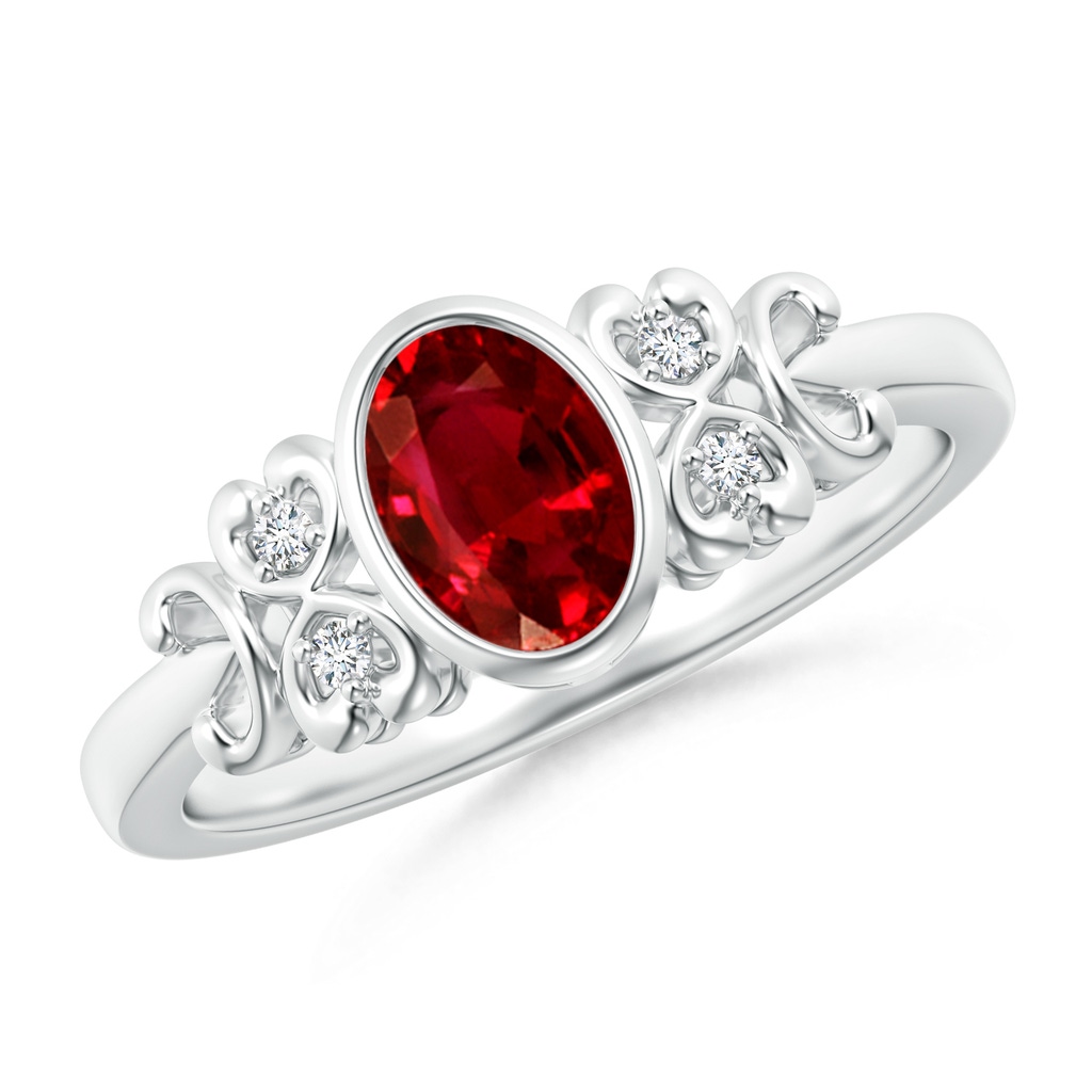 7x5mm Lab-Grown Vintage Style Bezel-Set Oval Ruby Ring with Diamonds in White Gold