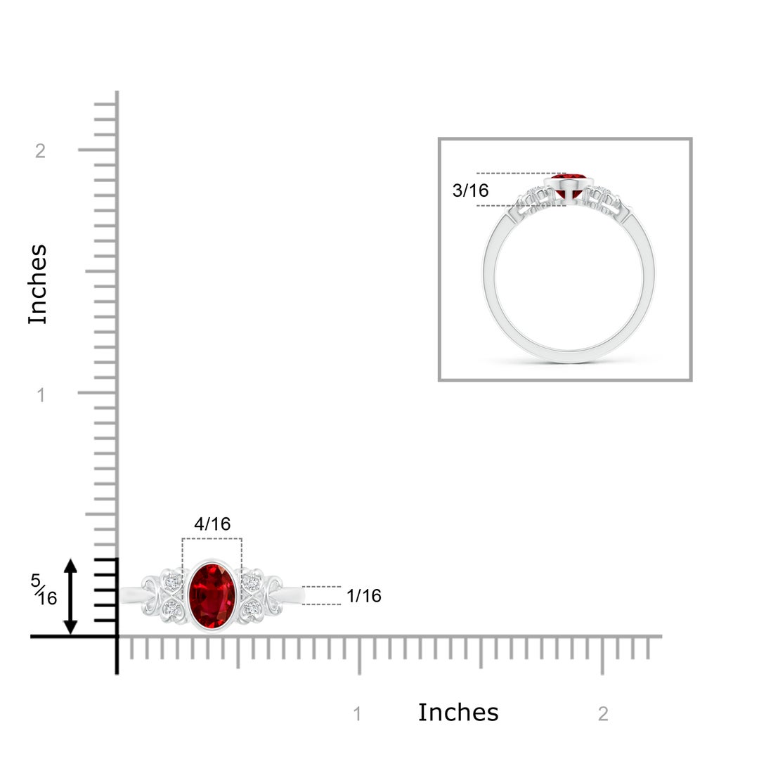 7x5mm AAAA Vintage Style Bezel-Set Oval Ruby Ring with Diamonds in White Gold - ruler