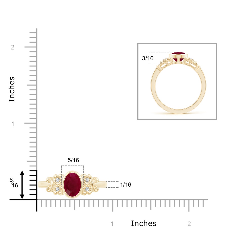 8x6mm A Vintage Style Bezel-Set Oval Ruby Ring with Diamonds in Yellow Gold ruler