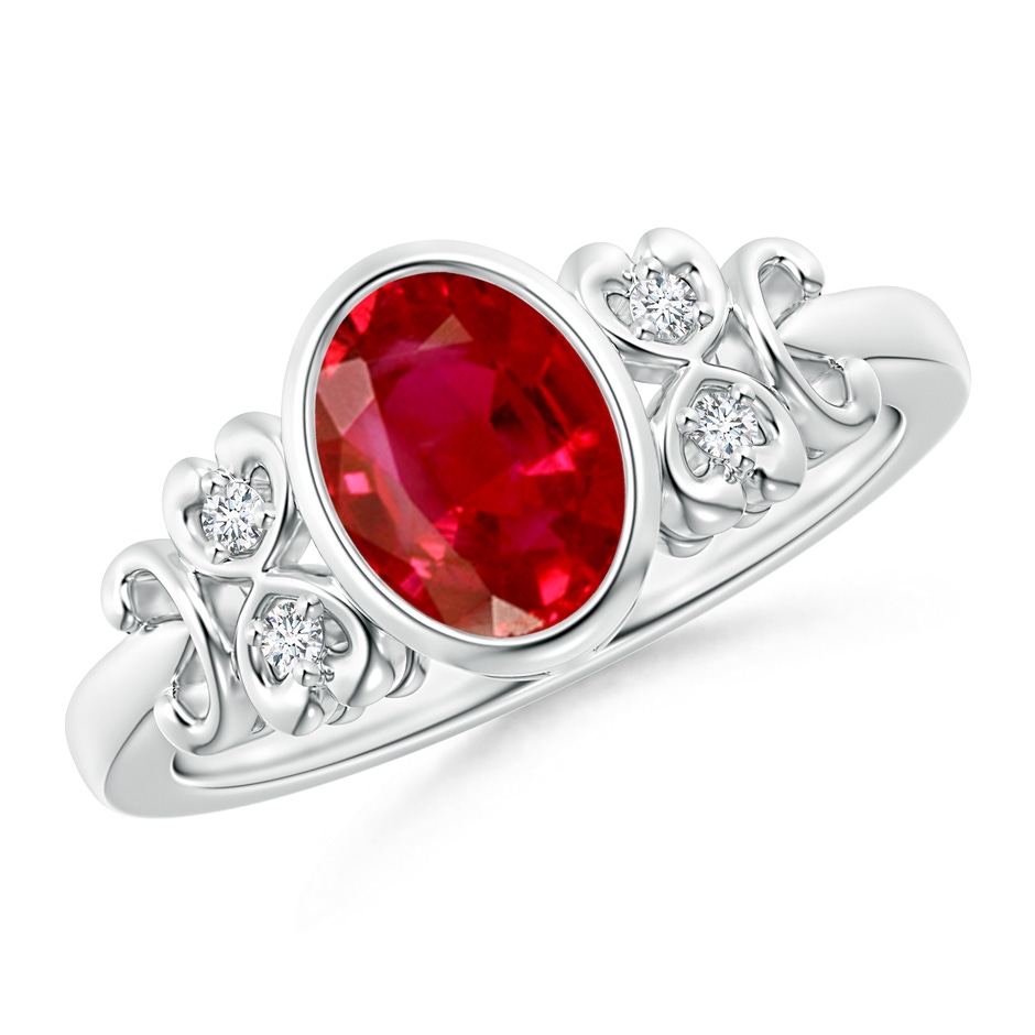 8x6mm AAA Vintage Style Bezel-Set Oval Ruby Ring with Diamonds in P950 Platinum 
