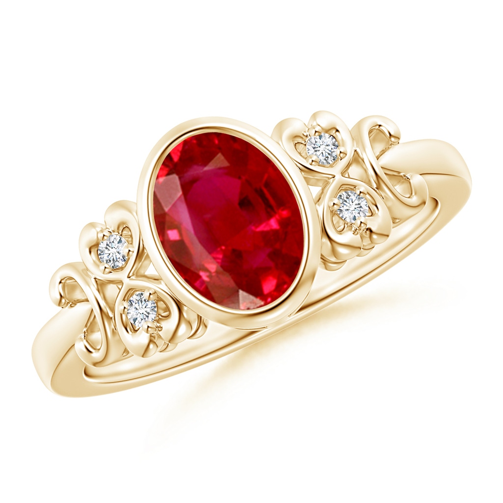 8x6mm AAA Vintage Style Bezel-Set Oval Ruby Ring with Diamonds in Yellow Gold