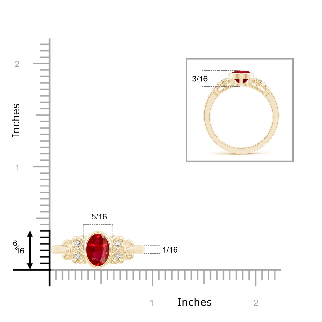 8x6mm AAA Vintage Style Bezel-Set Oval Ruby Ring with Diamonds in Yellow Gold Ruler