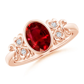 8x6mm AAAA Vintage Style Bezel-Set Oval Ruby Ring with Diamonds in Rose Gold