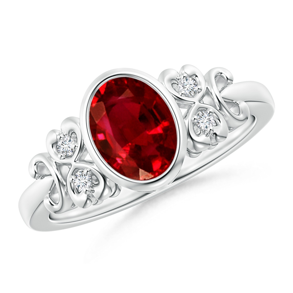 8x6mm Lab-Grown Vintage Style Bezel-Set Oval Ruby Ring with Diamonds in White Gold 