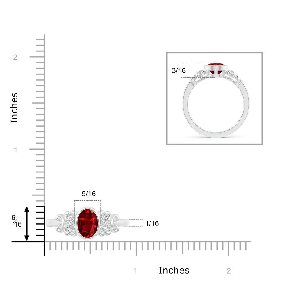 8x6mm Lab-Grown Vintage Style Bezel-Set Oval Ruby Ring with Diamonds in White Gold ruler
