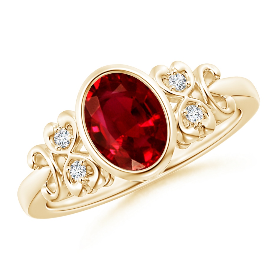 8x6mm Lab-Grown Vintage Style Bezel-Set Oval Ruby Ring with Diamonds in Yellow Gold 
