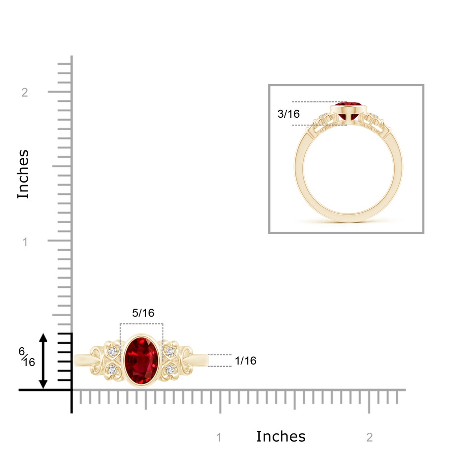 8x6mm Lab-Grown Vintage Style Bezel-Set Oval Ruby Ring with Diamonds in Yellow Gold ruler