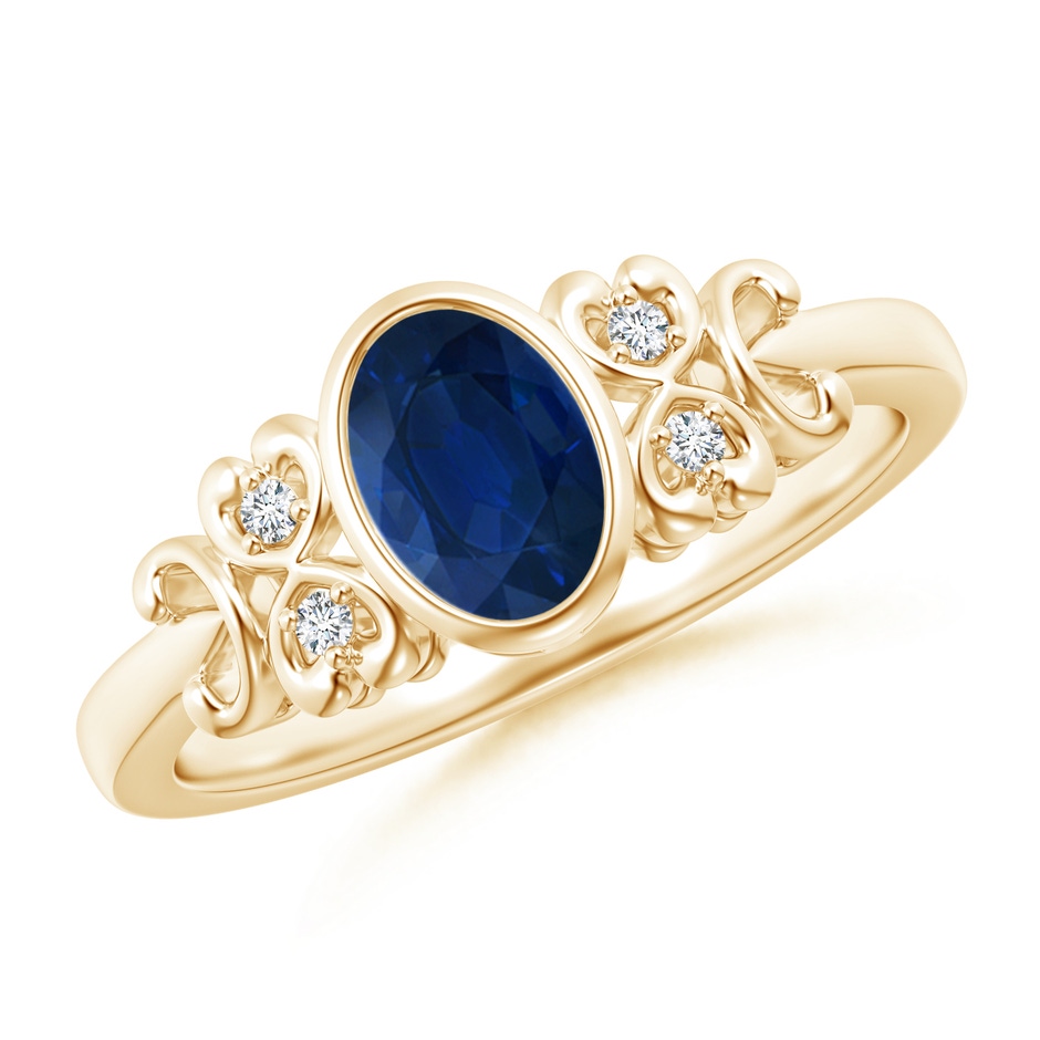 7x5mm AA Vintage Style Bezel-Set Oval Sapphire Ring with Diamonds in Yellow Gold 