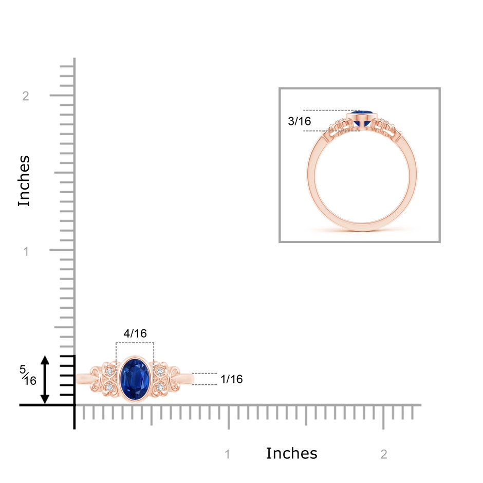7x5mm AAA Vintage Style Bezel-Set Oval Sapphire Ring with Diamonds in Rose Gold ruler