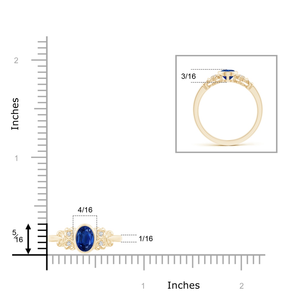7x5mm AAA Vintage Style Bezel-Set Oval Sapphire Ring with Diamonds in Yellow Gold Ruler