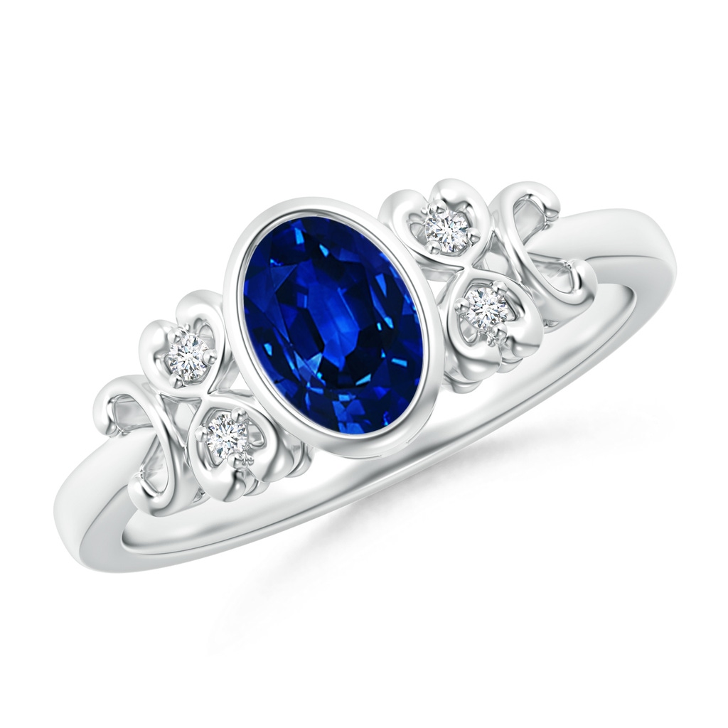 7x5mm AAAA Vintage Style Bezel-Set Oval Sapphire Ring with Diamonds in P950 Platinum